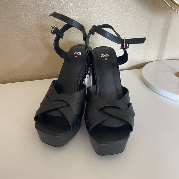 NEW Zara 100% cow leather platform heeled sandals - Picture 6 of 9